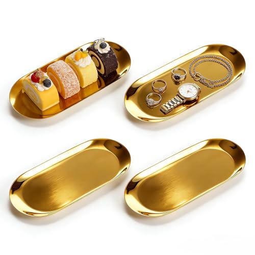 WATUNID 4 Stück Deko Tablett, Oval Gold Serviertablett, Edelstahl Servierteller, 23cm Tablett Serviertablett, Make-up Kosmetik Tablett, Ablageschale Schmuck Tablett für Dessert Kosmetik Schmuck Kerzen