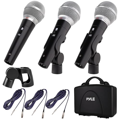 Pyle Dynamisches Karaoke Mikrofon-Set (3 Stück) – Mikrofone mit Kabel, Kardioid, XLR auf 6,35mm, 4,5m, Ganzmetallgehäuse für Bühne und Studio – Klarer Klang, Feedbackarm – Für Zuhause, Live und Proben