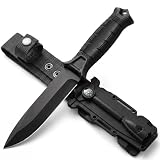 Fixed Blade Tactical Survival Knife, Full Tang 8Cr13MoV with Sheath, Fire Starter & Compass, Non-Slip Handle, for Camping, Hunting, Bushcraft & Outdoor Adventures,Gifts for Men, Dad, Husband (Black)