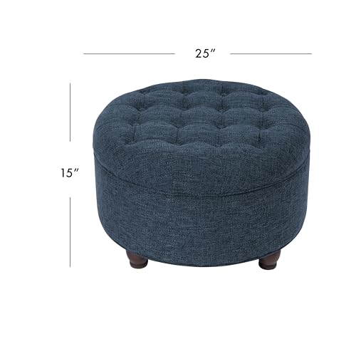 Image of Homepop Home Decor | Large Button Tufted Woven Round Storage Ottoman for Living Room & Bedroom (Navy Woven) 25 inch D x 25 inch W x 15 inch H