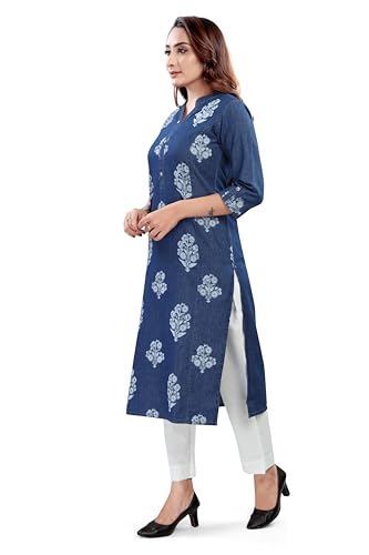 Image of Aprika Printed Straight Denim Kurta for Women Blue Color