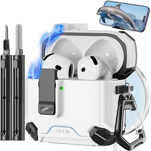 Image of Pohgelan Compatible with AirPods 4 Case (White) | Magnetic Automatic Lock with Phone Stand & Cleaning Kit,Compatible with Magsafe