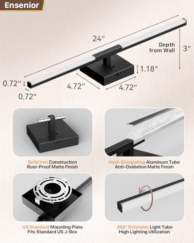 Image of Ensenior Modern Bathroom Vanity Light 24 inch, Built-in Dimmer, 14W Dimmable 5CCT Led Bath Lights, Black Bar Vanity Light for Bathroom Mirror Cabinets Bedroom-FCC & ETL Certificated
