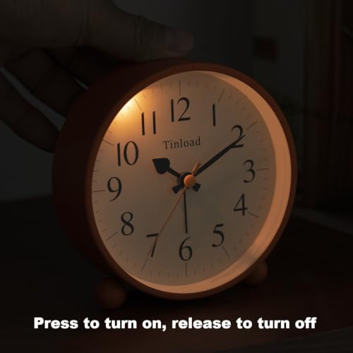 Image of Tinload 4.5 inch Vintage Retro Analog Alarm Clock, Super Silent Non Ticking Small Clock with Manual Light, Snooze, Battery Operated, for Living Room, Bedroom, Bedside, Desk(Orange)