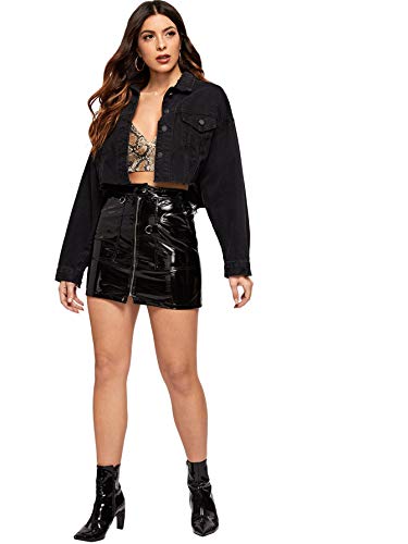 Floerns Women's Casual Drop Shoulder Ripped Crop Denim Jacket A Black S #TOP4