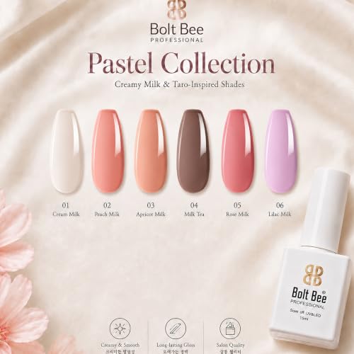 Image of Bolt Bee Gel Polish Kit | 6 Colors Light Soft Sakura, White & Nude | Spring Soak-Off Gel Nail Polish Set for Nail Art Design & Home Manicure (15ml Each)