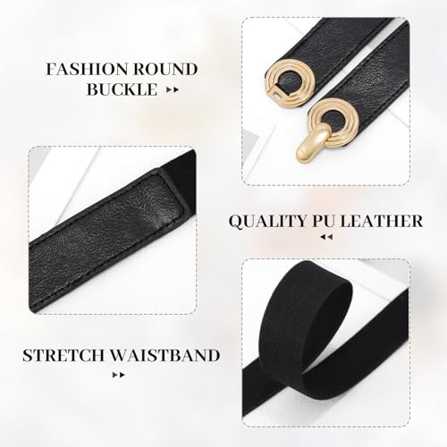 WHIPPY 2 Pack Women Skinny Elastic Belt for Dresses Ladies Thin Stretchy Waist Belt with Round Gold Buckle3