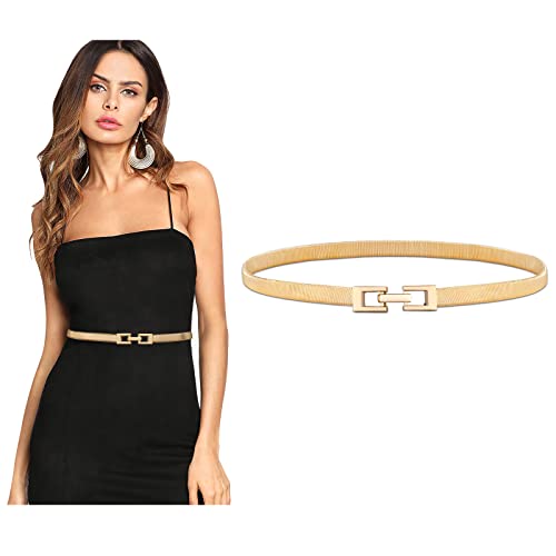 Image of WERFORU Women Elastic Skinny Gold Belt Metal Thin Waist Belt For Dress Stretch Cinch Belt Gold