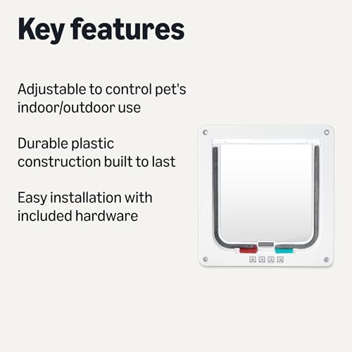 Image of Amazon Basics Adjustable Plastic Dog and Cat Door with 4-Way Lock, Small, 5.7 inch x 5.6 inch Entrance, 7.5 inch x 7.4 inch x 2.2 inch, White, for Interior and Exterior Doors or Wall
