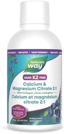 Nature's Way Calcium and Magnesium Citrate 2:1 - Liquid Supplement with Vitamin D3 and Collagen – Helps Support the Maintenance of Bones and Teeth – No Vitamin K2 - Blueberry Flavour, 500 mL