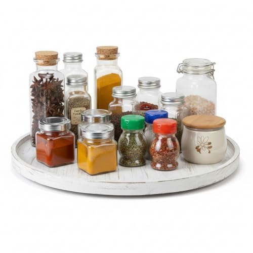 Yiyiring 20'' Wood Lazy Susan for Countertop Acacia Large Turntable Rotating Serving Tray for Table Top Non Skid Kitchen Tray Revolving Condiment Spice Rack Table Organization Storage, White