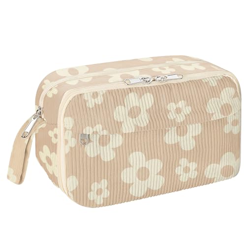 Image of WOBAGMEN Cute Pencil Case,Large Corduroy Zippered Pencil Case Pouch, aesthetic Pencil Bag with Compartments, Pencil Pouch School Supplies (HY-corduroy pc-brown floral)