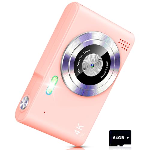 Digital Camera, Camera for Kids, UHD 4K 48MP Point and Shoot Digital Cameras with 64GB SD Card and 16X Digital Zoom Anti Shake, Compact Portable Small Gift for Boys Girls Students, Pink