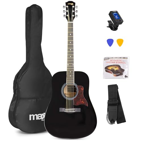 Max SoloJam Guitare Acoustique Folk Adulte Débutant - Noire, Cordes en Acier, Accordeur Digital,...