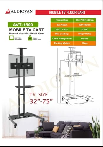 Image of AUDIOVAN Heavy Duty Led TV Stand with Wheels for 32-75 Inch TV Display Stand Rolling Matel TV Cart Trolley Mobile Movable TV Bracket (Model No. AVT-1500)