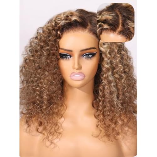 UNICE Bye Bye Knots Glueless Highlight Wig Pre Cut 7x5 Lace Front Curly Hair Wigs Brown Blonde Pre Bleached Invisible Knots Human Hair Pre Plucked 150% Density 16 Inch 16 Inch Glueless Curly
