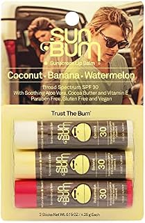 Sun Bum SPF 30 Triple Pack Sunscreen Lip Balm Set, Watermelon, Coconut and Banana flavour, Vegan and Cruelty Free Broad Spectrum UVA/UVB Lip Care