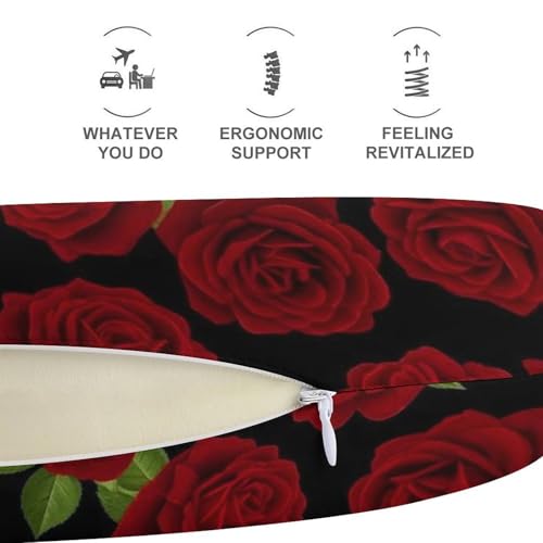 Image of Memory Foam Travel Pillow Red Rose Floral, Breathable Chin Head Support, Washable Zip Cover for Airplane Car Office Pain Relief