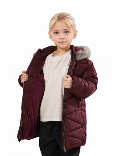 Image of SOLOCOTE Girls Winter Puffer Coat with Faux Fur Hood Sherpa Lined Parka Water-Resistant Windproof Quilted Jacket