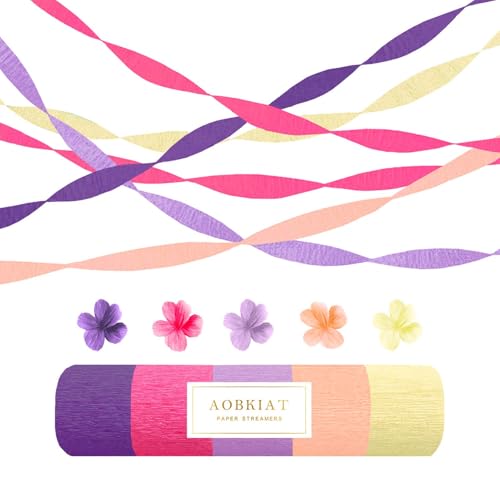 Image of AOBKIAT Purple Hot Pink Yellow Streamers Party Decorations,5 Rolls | Colorful Crepe Paper Streamers for Birthday Baby Shower Wedding Princess Butterfly Fairy Theme Party,DIY Tassel