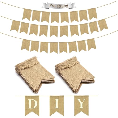30 pcs Blank Burlap Banner Pre-Stringed for DIY Party Decor Adjustable Flags DIY Banners For Baby Shower Party Wedding Birthday and Graduation Xmas Party Supplies Party Decor Home Decorations