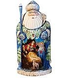 Needzo Wooden Hand Carved and Painted Russian Santa Claus Statue Figurine, Christmas Decoration Winter Scene Birds, Nativity Scene, 8 Inch