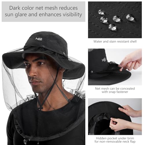 Image of BASSDASH UPF 50+ Mosquito Sun Hat with Hidden Head Net and Neck Flap for Men Women Outdoor Fishing Hiking Camping