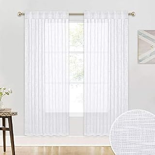 RYB HOME Linen Curtains Sheer - Half Privacy White Semi Sheer Drapes Light