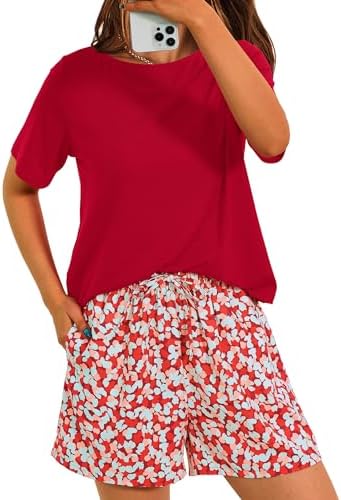 PRETTYGARDEN Women's Summer 2 Piece Outfits Lounge Sets Short Sleeve Tee Shirts Tops Blouses Pockets Printed Shorts Tracksuit