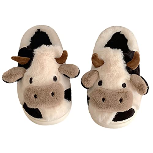 Cute Fuzzy Cow Slippers for Women - Winter Warm Cozy Animal Fluffy House Slippers