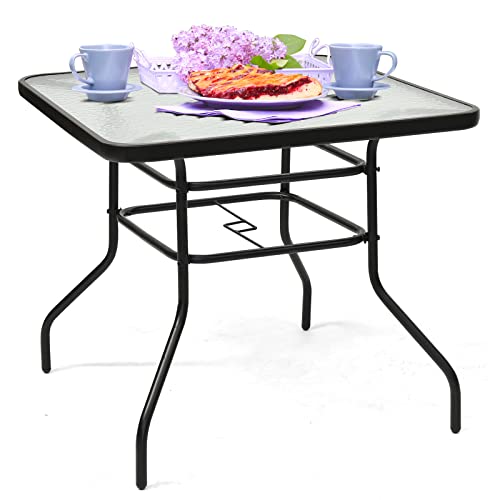 GOPLUS Table de Jardin, Table de Bistrot, Plateau en Verre Trempé à Eau avec Trou de Parasol, Cadre en Métal Laqué, Plateau 81 CM, Hauteur 72 CM pour Terrasse, Balcon, Jardin (Carré)