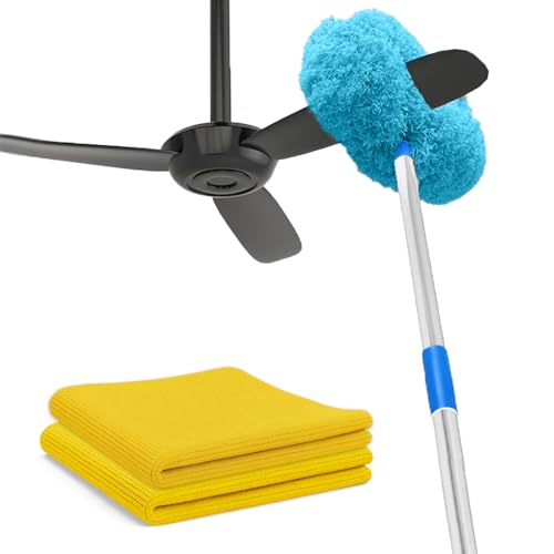 Image of Maxoshine Fan Cleaner Brush with Long Rod Flexible Fan Cleaning Mop Microfiber Dust Cleaner Foldable Duster Microfiber Duster for Cleaning of Home, Kitchen, Car (Blue+Yellow)