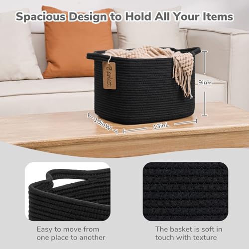 Image of Goodpick Woven Rope Storage Basket for Shelves, Rectangle, Black | 13 inch x 10 inch x 9 inch Stylish Gift Basket for Home Decor, Cotton Rope Baskets for Toys, Towels & Books Storage, Reinforced Handles