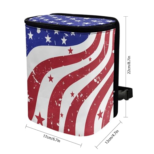 Image of Talayituse Retro American Flag Print Car Trash Bin, Large Size Auto Trash Can Adjustable Portable Garbage Can with Lid, 4th of July Decor Vehicle Hanging Bag for Headrest Front Back Seat