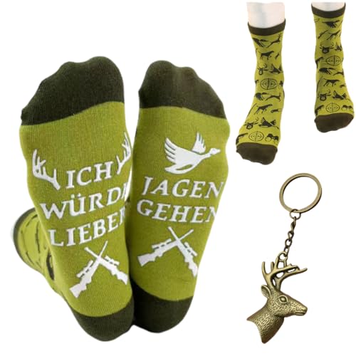 ZORVYN Regalos Originales para Cazadores con Calcetines Graciosos Hombre y Llavero de Ciervo, una Idea Original de Regalo para la Caza para Papá y Abuelo