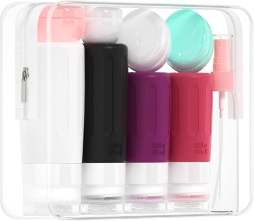Image of Morfone 16 Pack Travel Bottles Set for Toiletries, TSA Approved Travel Containers Leak Proof Silicone Squeezable Travel Accessories 2oz 3oz for Shampoo Conditioner Lotion Body Wash, Purplish Red