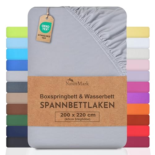 NatureMark Basic Boxspringbett & Wasserbett Spannbettlaken 200 x 220 cm - 40 cm Steghöhe - 200x220cm Spannbetttuch - 100% Baumwolle, Silber/Hellgrau