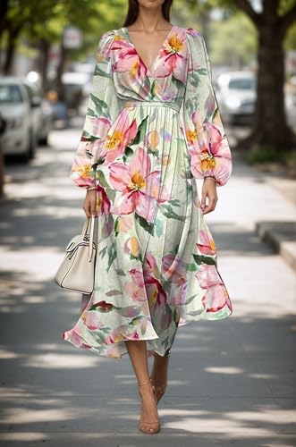 Womens Flowy Cute Chiffon Floral Long Puff Sleeve Dresses Summer Casual Elegant Empire Waist V-Neck Maxi Dress2
