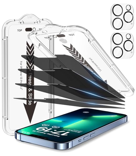 EZ-GLAZ- 4 Pack Privacy Screen Protector for iPhone 13 Pro [6.1 inches] With 2 Pack Camera Lens Protector, [Drop Protection] 9H Hardness Scratch Resistant Tempered Glass Film, Easy to install