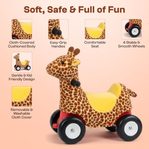 Image of Toyzone Little Soft Giraffe Ride on | Cloth-Covered Ride On Toy with Wheels | Back Support | Indoor & Outdoor Ride-On for Toddlers 1-4 Years