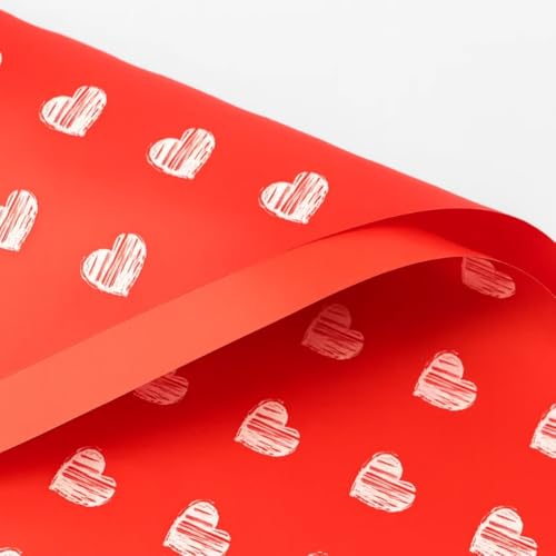 Image of Oasis - 20 Sheets Korean Style Waterproof Premium Bouquet Wrapping Sheet (58cm x 58cm, 60 Microns) | Sketch Heart Valentine Design, Giftwrap for Flowers & DIY Gift Wrapping Paper (Red)