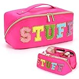 KZAOPZ Stoney Clover Dupes Preppy Makeup Bag, Large Capacity Chenille Letter Bag, Portable Nylon Cosmetic Bag with Divider and Handle, Open Flat Travel Toiletry Bag for Women Girls, Hot Pink