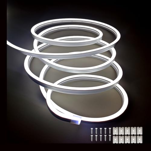 Image of dobestyou White Neon LED Strip Lights, 16.4ft 12V DC 600 SMD2835 LEDs Waterproof Flexible Rope Light for Indoor & Outdoor Home Decoration (Power Adapter Not Included)