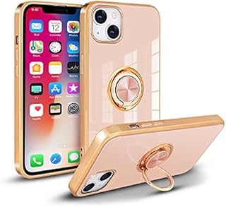 Newseego Case Compatible with iPhone 13, Shiny Electroplated Soft Slim Silicone iPhone 13 Protective Case, 360 Degree with Rotation Magnetic Car Finger Ring Holder for iPhone 13-Pink.