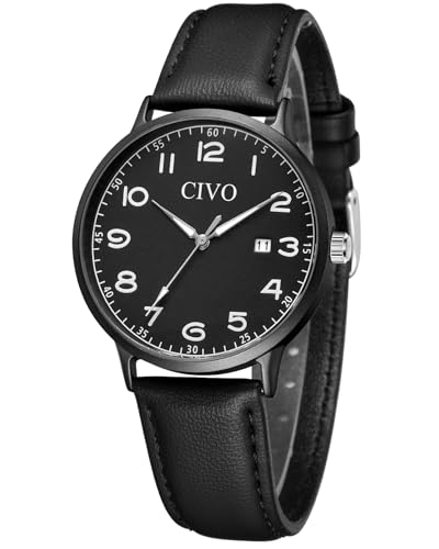 CIVO Damenuhr Lederarmband Armbanduhr Damen: Schwarz Uhren Damen Datum Vintage Elegant - Minimalistische Design Uhr Analog Klassisch Geschenke für Frauen