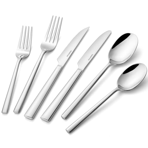 KINGSTONE Silverware Set with Steak Knives, 36-Piece Forged Flatware Set Cutlery Set Premium Stainless Steel, Service for 6, for Kitchen, Home, Wedding, Party, Mirror Polished and Dishwasher