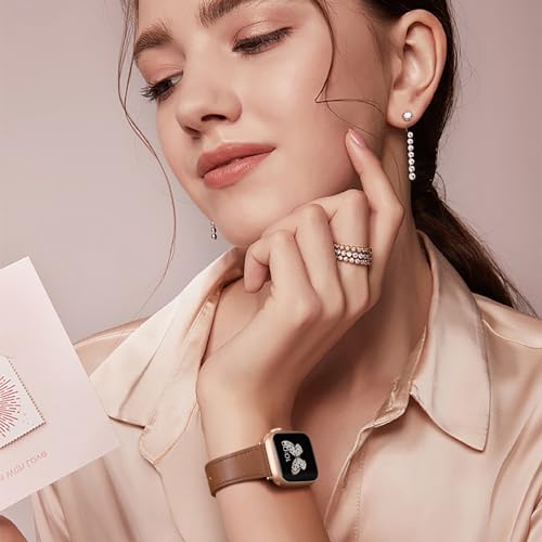 Lenrao Pulseira feminina de couro genuíno de grão marrom para Apple Watch séries 10/9/8/7/6/5/4/3/2/