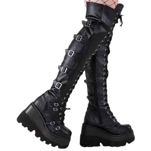 UOQAPRE Womens High Platform Mid Calf Wedges Chunky Booties Heel Round-Toe Side Zip Winter Punk Combat Boots For Women3