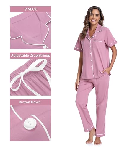 Image of CF Womens 100% Cotton Pajamas Set Button Down Pjs Sets Short Sleeve Top & Long Pants Sleepwear Comfy Loungewear with Pockets
