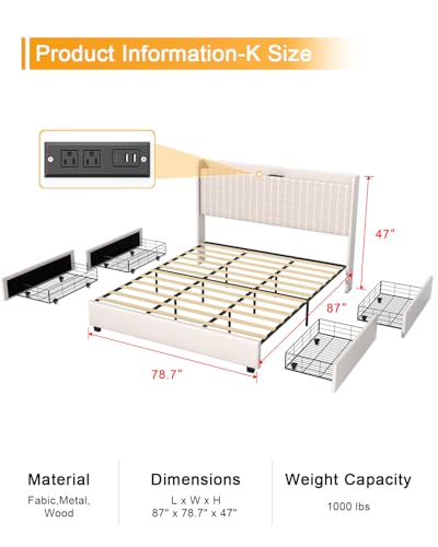 King Size Velvet Upholstered Bed with Charging Station & Drawers, Beige